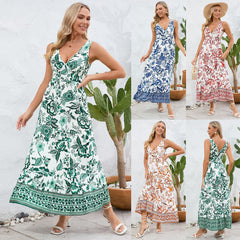 Women’s Floral V-Neck Summer Dress – Sexy Slim Fit Sleeveless Long Dress | Lovana UK