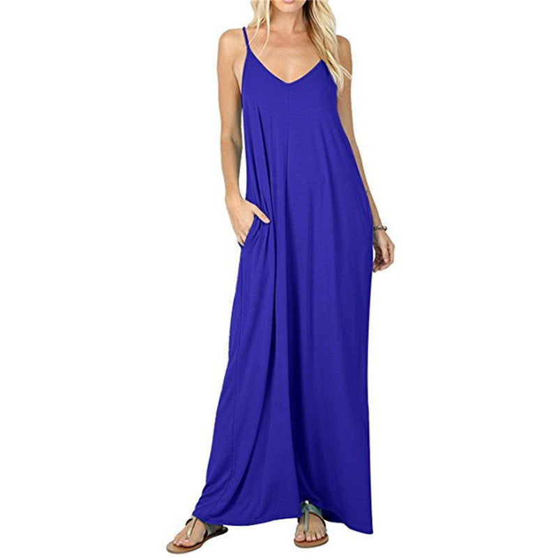 Women's Solid Color Loose Pockets Vest Dress