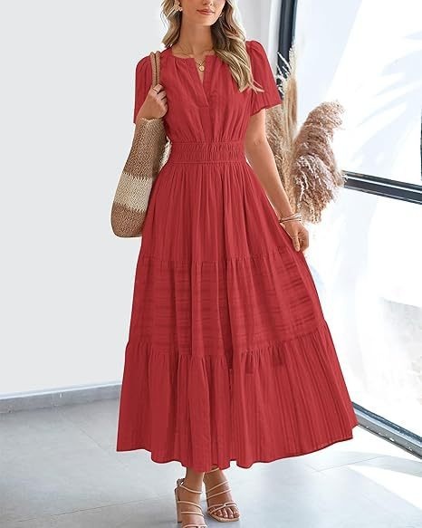 Fashion V-neck Pleated Puff Sleeve Layered Large Swing Dress