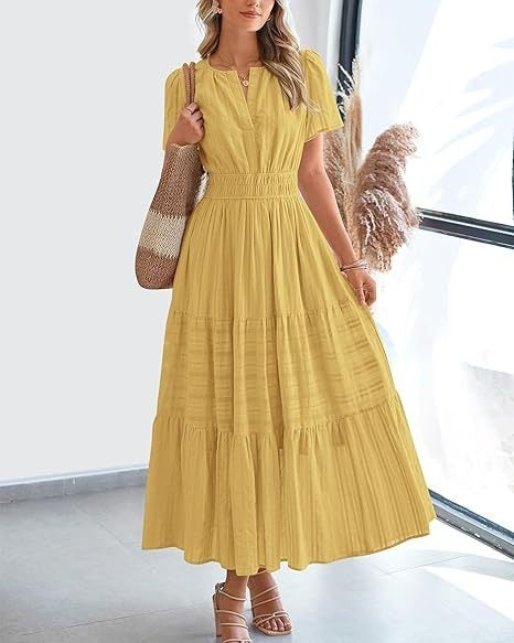 Fashion V-neck Pleated Puff Sleeve Layered Large Swing Dress