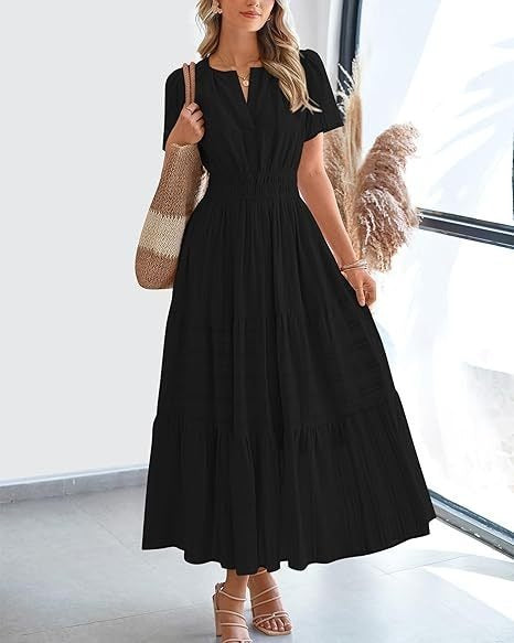 Fashion V-neck Pleated Puff Sleeve Layered Large Swing Dress