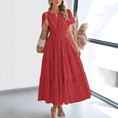 Fashion V-neck Pleated Puff Sleeve Layered Large Swing Dress