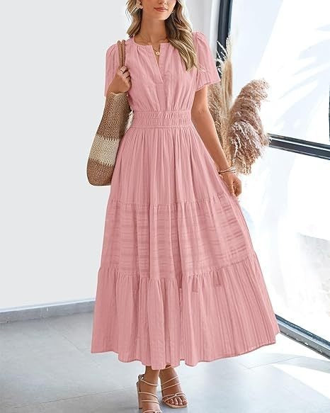 Fashion V-neck Pleated Puff Sleeve Layered Large Swing Dress