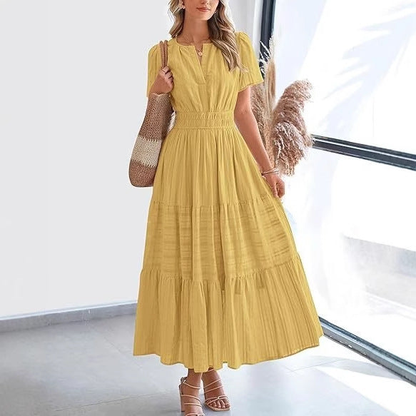 Fashion V-neck Pleated Puff Sleeve Layered Large Swing Dress
