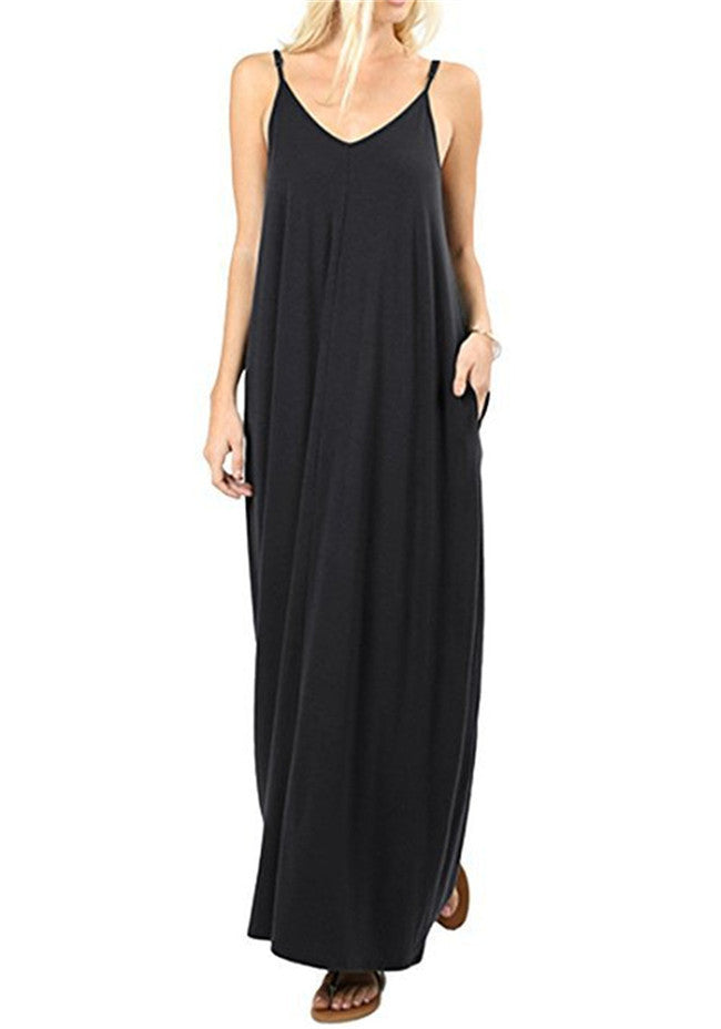 Women's Solid Color Loose Pockets Vest Dress