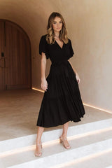 V-neck Commuter Printed Short Sleeve Waist-controlled Dress