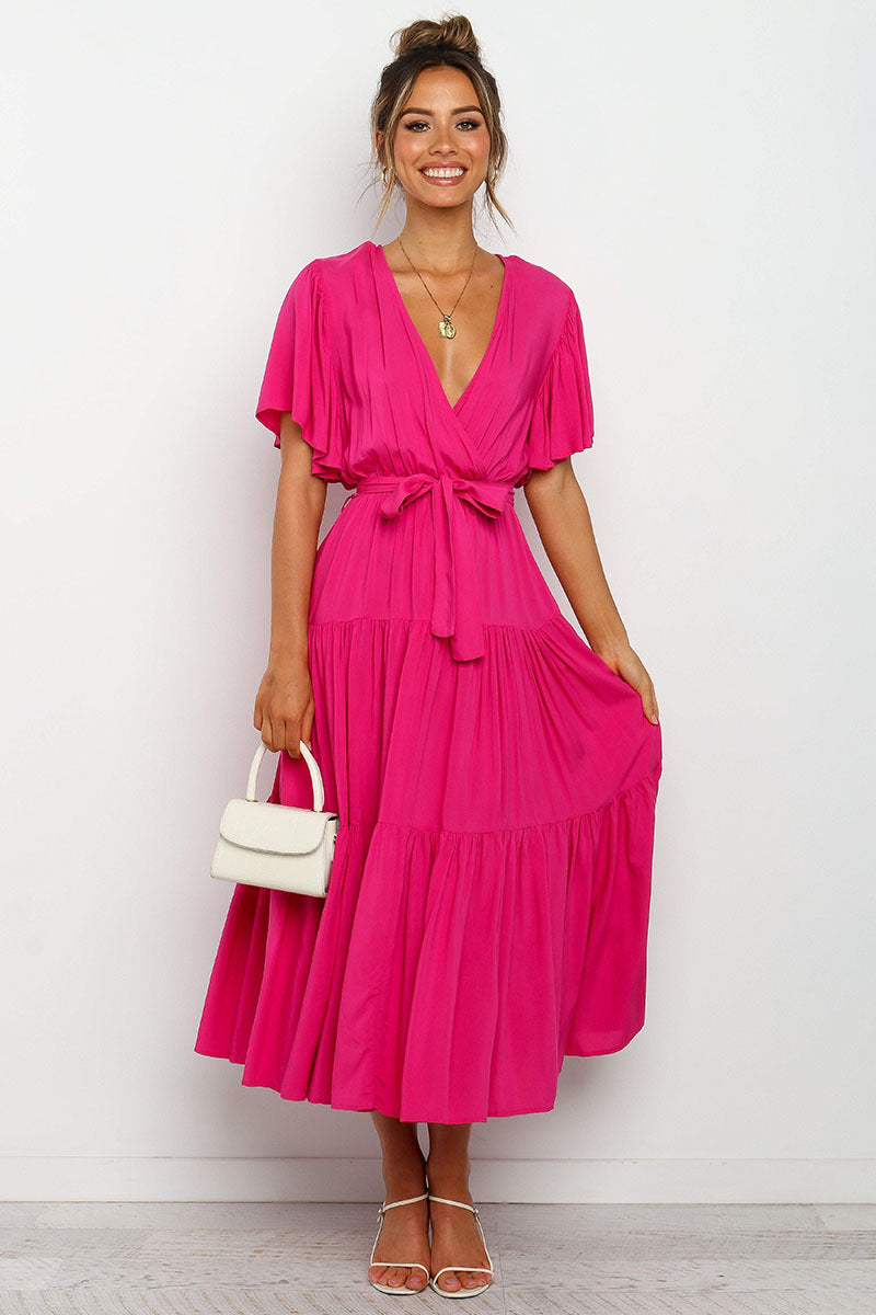 V-neck Commuter Printed Short Sleeve Waist-controlled Dress