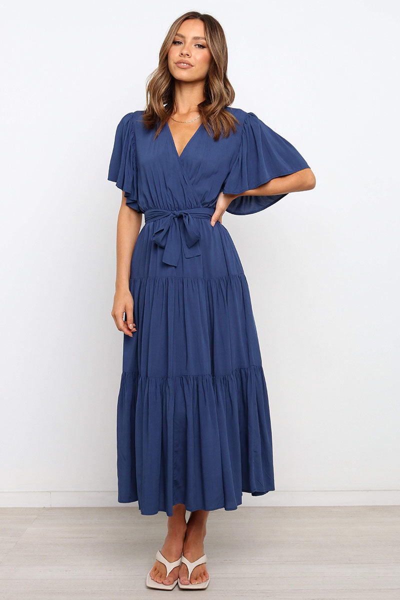 V-neck Commuter Printed Short Sleeve Waist-controlled Dress