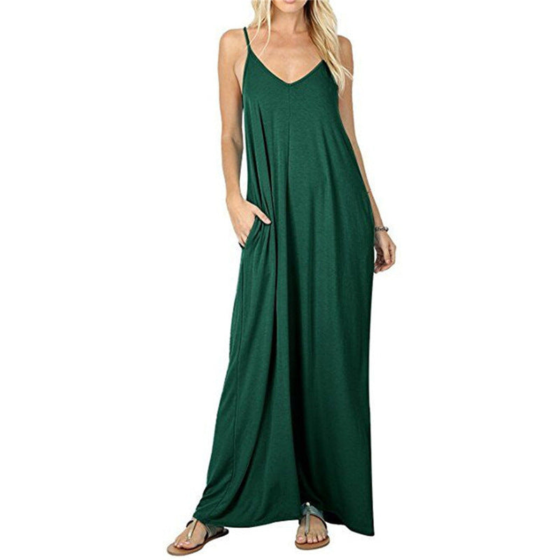 Women's Solid Color Loose Pockets Vest Dress
