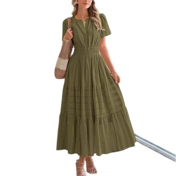 Fashion V-neck Pleated Puff Sleeve Layered Large Swing Dress