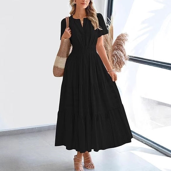 Fashion V-neck Pleated Puff Sleeve Layered Large Swing Dress