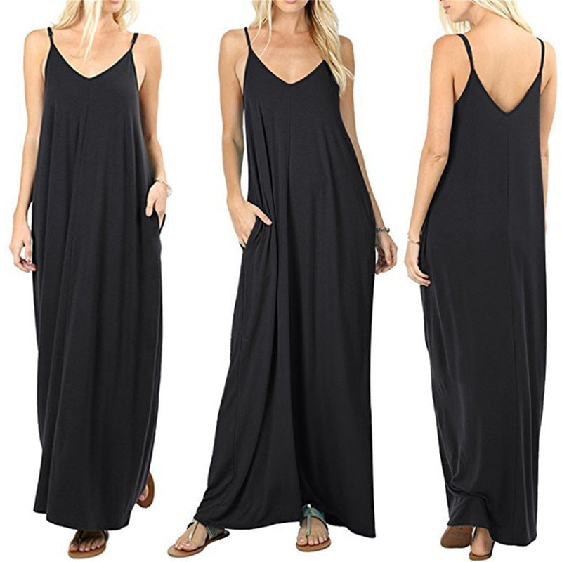 Women's Solid Color Loose Pockets Vest Dress