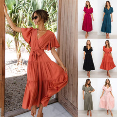 V-neck Commuter Printed Short Sleeve Waist-controlled Dress