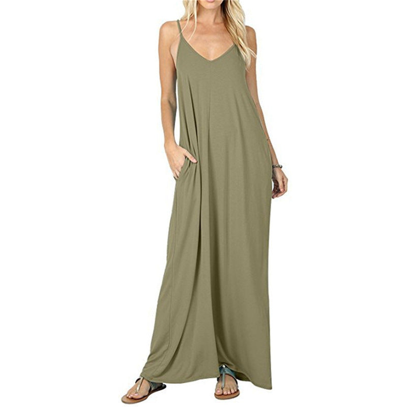 Women's Solid Color Loose Pockets Vest Dress