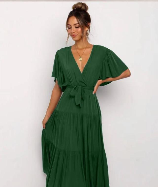 V-neck Commuter Printed Short Sleeve Waist-controlled Dress