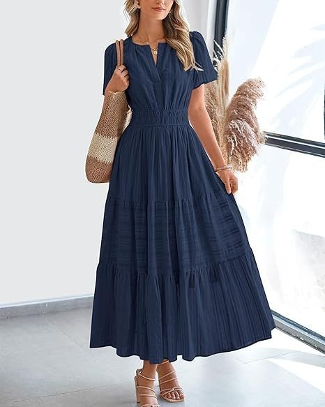 Fashion V-neck Pleated Puff Sleeve Layered Large Swing Dress
