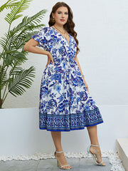 European And American Summer V-neck Half Cardigan Waist Slimming Dress