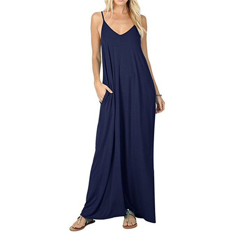 Women's Solid Color Loose Pockets Vest Dress