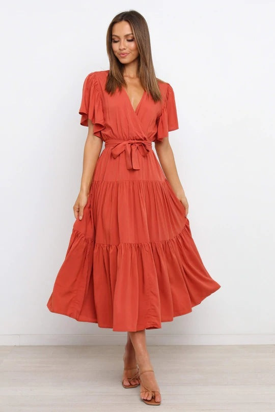 V-neck Commuter Printed Short Sleeve Waist-controlled Dress