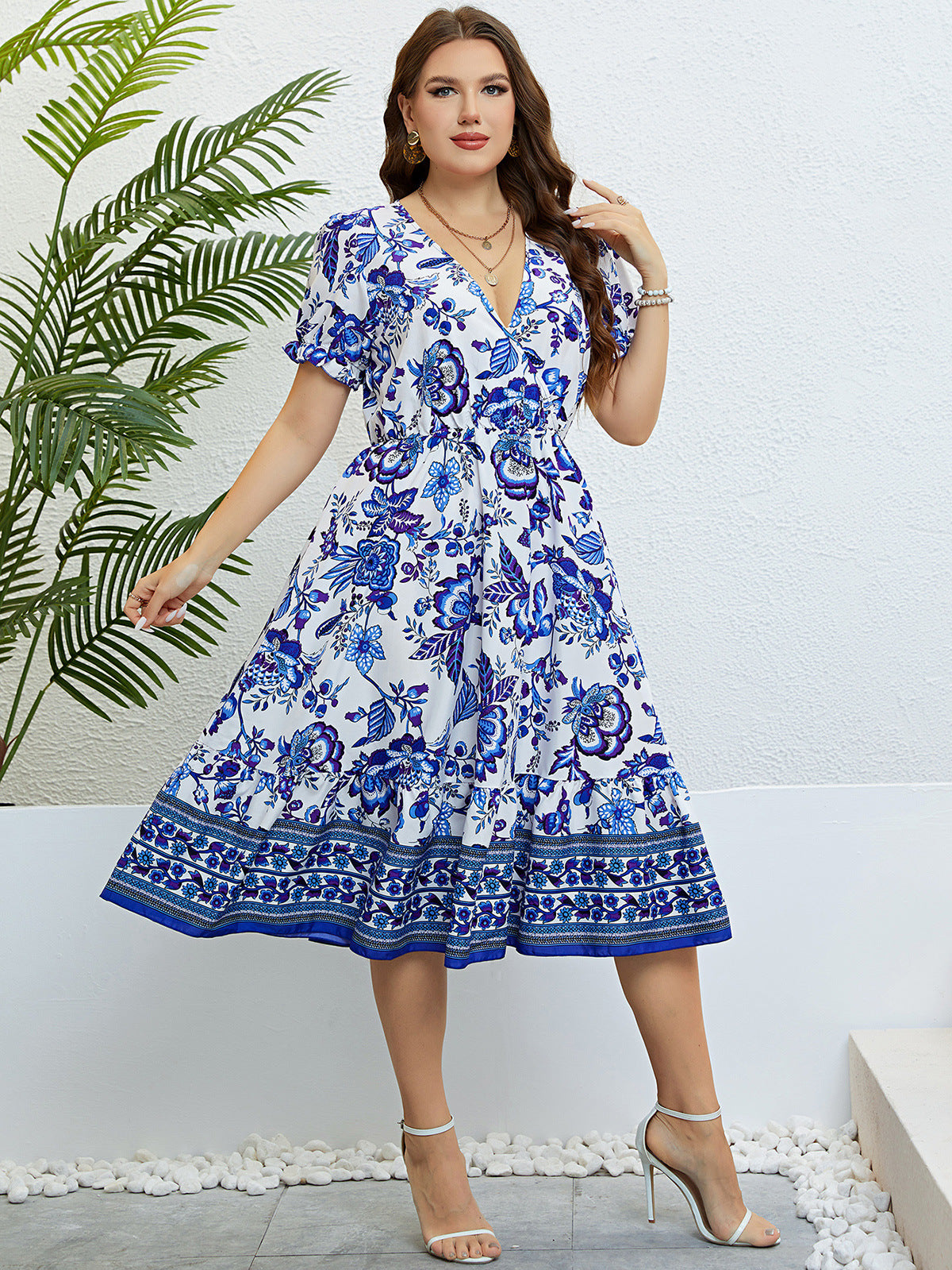 European And American Summer V-neck Half Cardigan Waist Slimming Dress