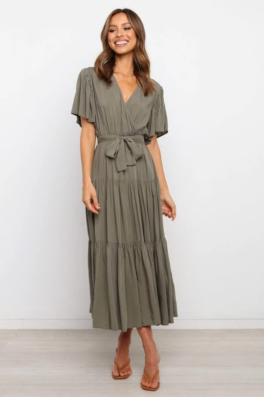 V-neck Commuter Printed Short Sleeve Waist-controlled Dress