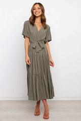 V-neck Commuter Printed Short Sleeve Waist-controlled Dress