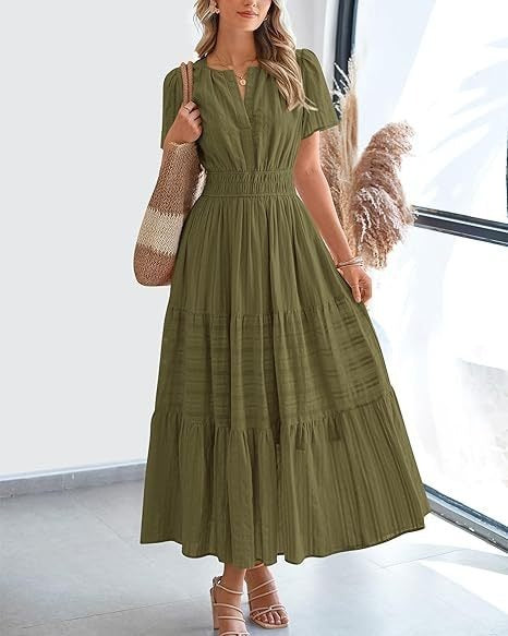 Fashion V-neck Pleated Puff Sleeve Layered Large Swing Dress