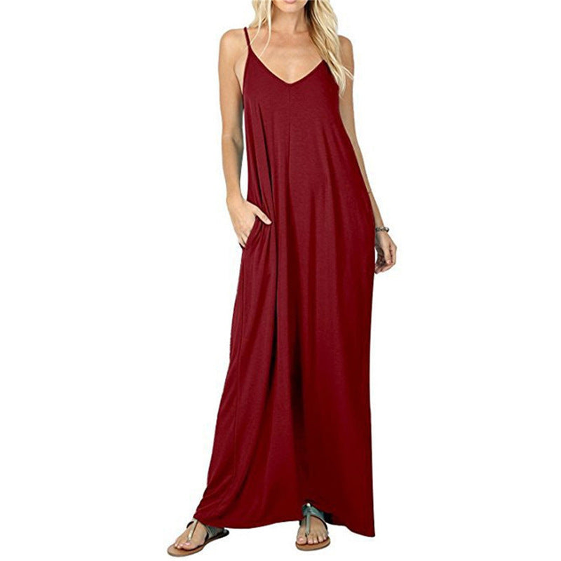 Women's Solid Color Loose Pockets Vest Dress