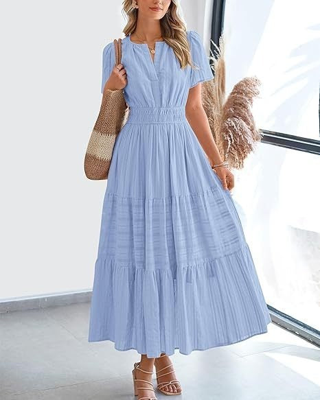Fashion V-neck Pleated Puff Sleeve Layered Large Swing Dress