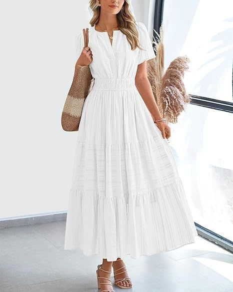 Fashion V-neck Pleated Puff Sleeve Layered Large Swing Dress