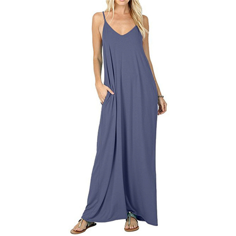 Women's Solid Color Loose Pockets Vest Dress