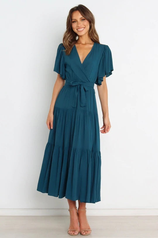 V-neck Commuter Printed Short Sleeve Waist-controlled Dress