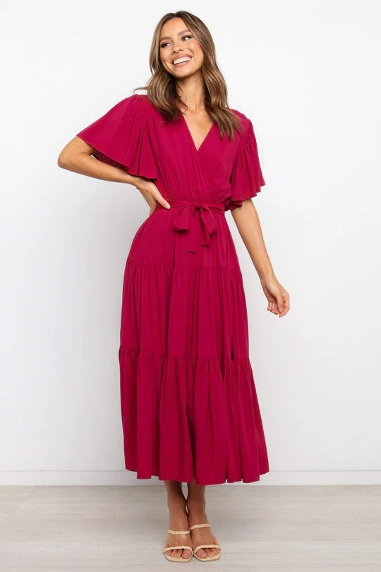 V-neck Commuter Printed Short Sleeve Waist-controlled Dress