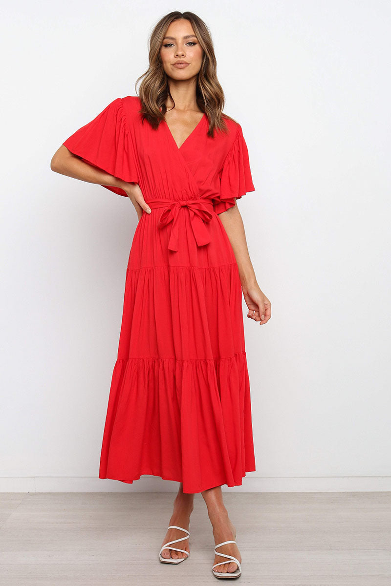 V-neck Commuter Printed Short Sleeve Waist-controlled Dress