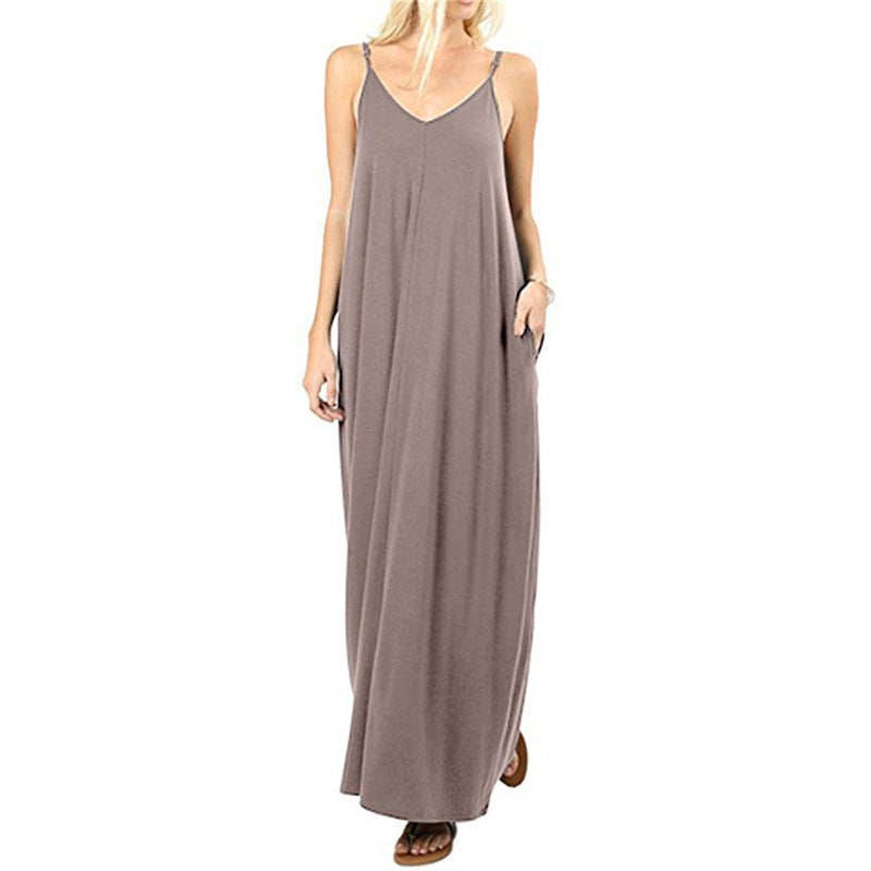 Women's Solid Color Loose Pockets Vest Dress