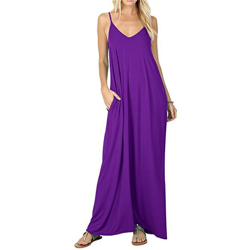 Women's Solid Color Loose Pockets Vest Dress