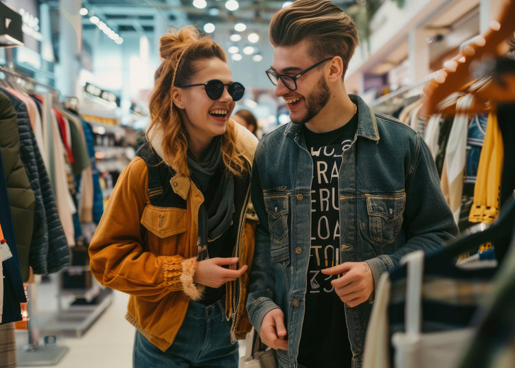 Two people shopping in a clothing store, surrounded by racks of clothes.